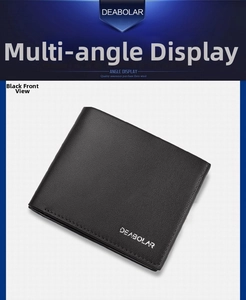 Front view of black leather wallet for men featuring fine pebbled texture and brand logo