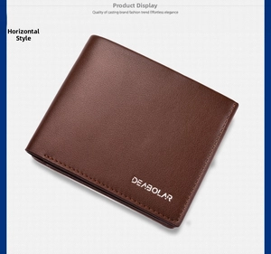 Close-up of brown PU leather men's wallet showing fine grain texture and reinforced stitching