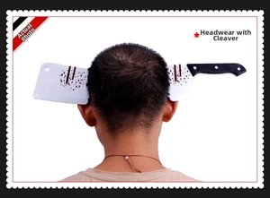 Close-up of bloody cleaver through head headband with realistic red blood stains