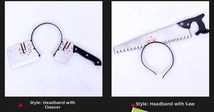 Detail of Halloween headbands with realistic blood-stained plastic cleaver and saw designs
