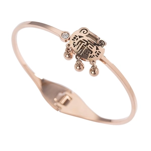 Bracelet Jonc En Acier Inoxydable Or Rose Serrure De Longue Vie Fu Avec Breloques Cloche Et Zircon Pour Femmes Style Coréen
