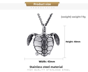 Detailed size specifications of the stainless steel sea turtle pendant on a silver chain