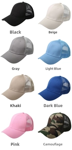 Collage of mesh ponytail baseball caps in eight colors including camo and solid tones