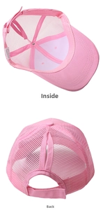 Detail view of pink mesh baseball cap with ponytail hole and inner sweatband