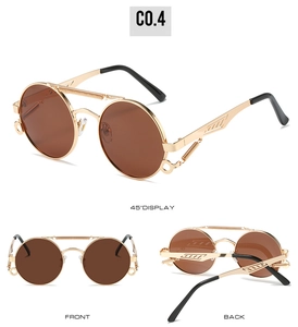Steampunk round sunglasses with gold metal frame, spring legs and brown lenses view