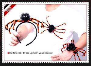 Detailed Halloween spider accessory set with striped legs headband, brooch and wristband