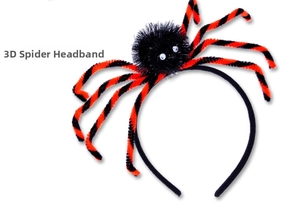 Close-up of a plush black spider headband with orange spiral legs for Halloween parties