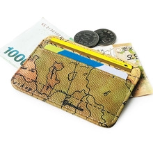Detail of slim tri-fold wallet with vintage map print showing card slots and bills