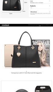 Detail showing bag capacity with A4 magazine and iPad size comparison layout