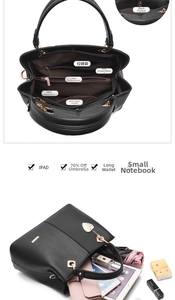 Internal structure detail of black PU leather handbag with heart charm and multi pockets