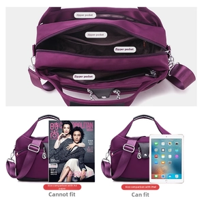 Purple nylon crossbody bag featuring four zipper pockets and large internal storage capacity