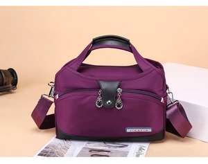 Purple nylon shoulder bag detail, large capacity crossbody handbag with top handles for women.