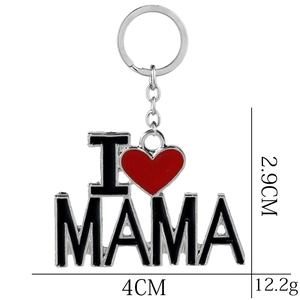 Polished silver I Love Mama heart keychain with red enamel and dimension labels