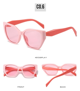 Vue en trois angles des lunettes de soleil rose œil de chat : face, dos et profil 45°