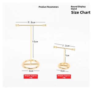 Golden T-bar jewelry display stands in two sizes with circular bases and clear dimensions