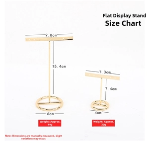 Detailed dimensions of gold T-bar earring display stands in small and large sizes
