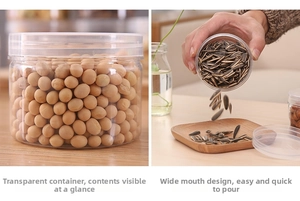 Macro detail of transparent food storage jars with wide mouth and airtight lids