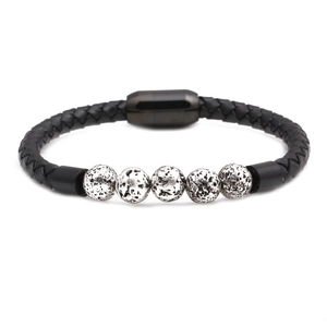 Men's black braided leather bracelet with silver textured beads and magnetic clasp