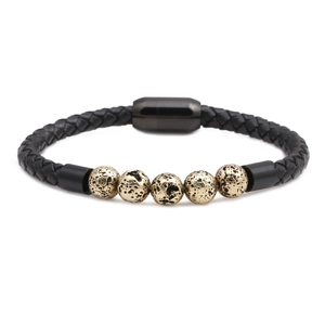 Men's black braided leather bracelet with five gold lava stones and magnetic clasp