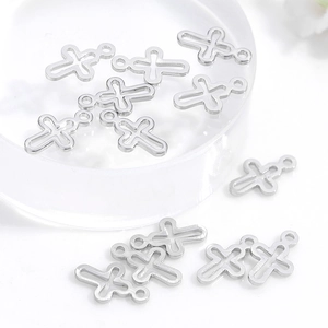 Polished silver metal hollow cross pendants for DIY jewelry making on white background