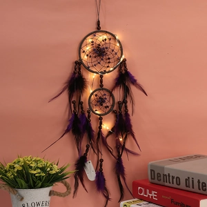 Handmade purple double ring dream catcher with LED lights and feathers hanging ornament
