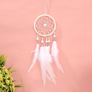 Handmade white feather dreamcatcher pendant with beads for car interior or home decor