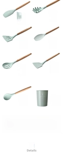 Detailed size specifications for mint green silicone kitchen utensils with wooden handles