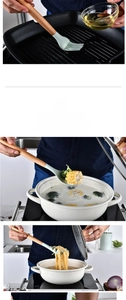 Detail of aqua silicone kitchen utensils with wooden handles in various cooking scenes