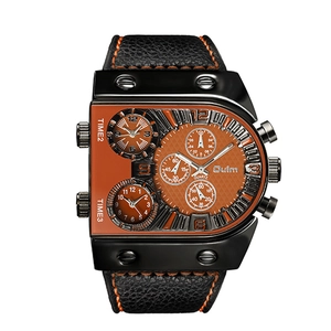 Oulm multi-timezone men's watch with orange dial, black case and orange stitching leather strap