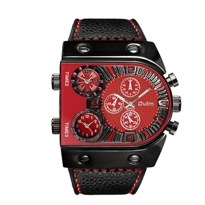 Oulm black metal watch with multi-timezone large dial and red stitched leather strap