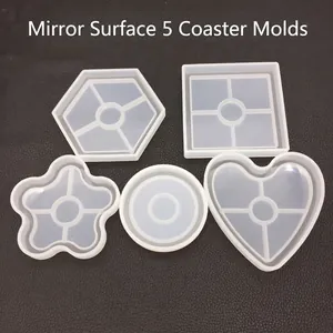 DIY Silicone Coaster Molds Mirror Surface Resin Casting Geometric Heart Round Square Hexagon Flower Shape Flexible Crafts