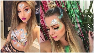 Detailed view of colorful rhinestone face jewels and body glitter for festival makeup