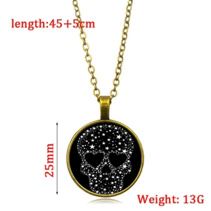 Detail showing 25mm black skull glass pendant necklace with 45+5cm antique bronze chain