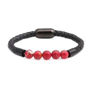 Men's woven black leather bracelet with red imperial stone beads and magnetic clasp