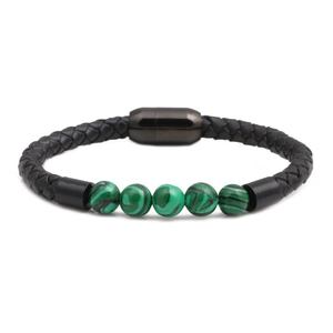 Braided black leather bracelet with five green malachite beads and magnetic clasp