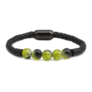 Braided black leather bracelet with 10mm green cracked glass beads and magnetic clasp