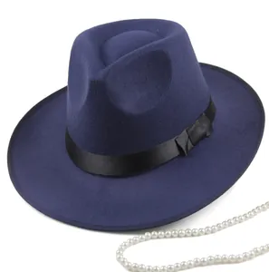 Chapeau fedora en laine bleu marine à large bord avec ruban de satin noir élégant