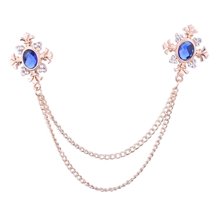 Gold tassel collar chain with blue crystal cross and rhinestone brooch for men and women