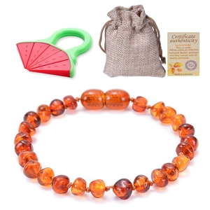 Natural Baltic Amber Baby Bracelet And Watermelon Silicone Teether For Infants Toddlers Polished Beads Safety Knotted