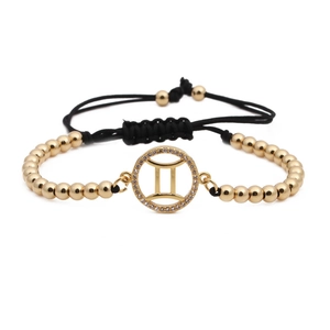 Adjustable Gemini zodiac bracelet with gold copper beads and micro-set zircon stones