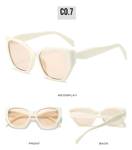 Trois vues de lunettes de soleil œil-de-chat blanches avec verres orange et le code couleur C0.7