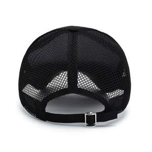 Adjustable black mesh baseball cap with breathable fabric and metal buckle for summer