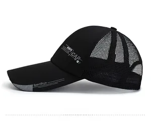 Close-up of black breathable mesh side panels and sports embroidery on the quick-dry cap