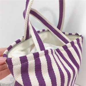 Close-up of striped canvas tote bag showing the zipper closure and interior lining