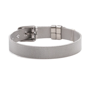 Adjustable silver mesh bracelet in stainless steel with a secure belt-style buckle