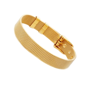 Adjustable gold mesh stainless steel strap bracelet featuring a belt buckle closure