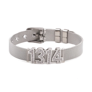 Detail of silver Milanese mesh bracelet with 1314 rhinestone pendant and buckle clasp