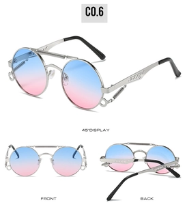 Three views of steampunk round sunglasses with silver spring metal frame and gradient lenses