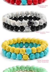 Detail of colorful turquoise bead bracelets set featuring matte black and assorted stone beads
