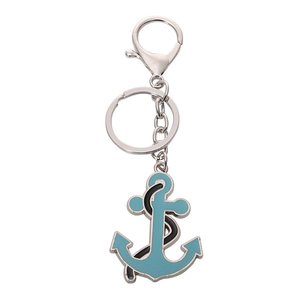 Silver metal anchor keychain with light blue enamel finish for nautical bag charms